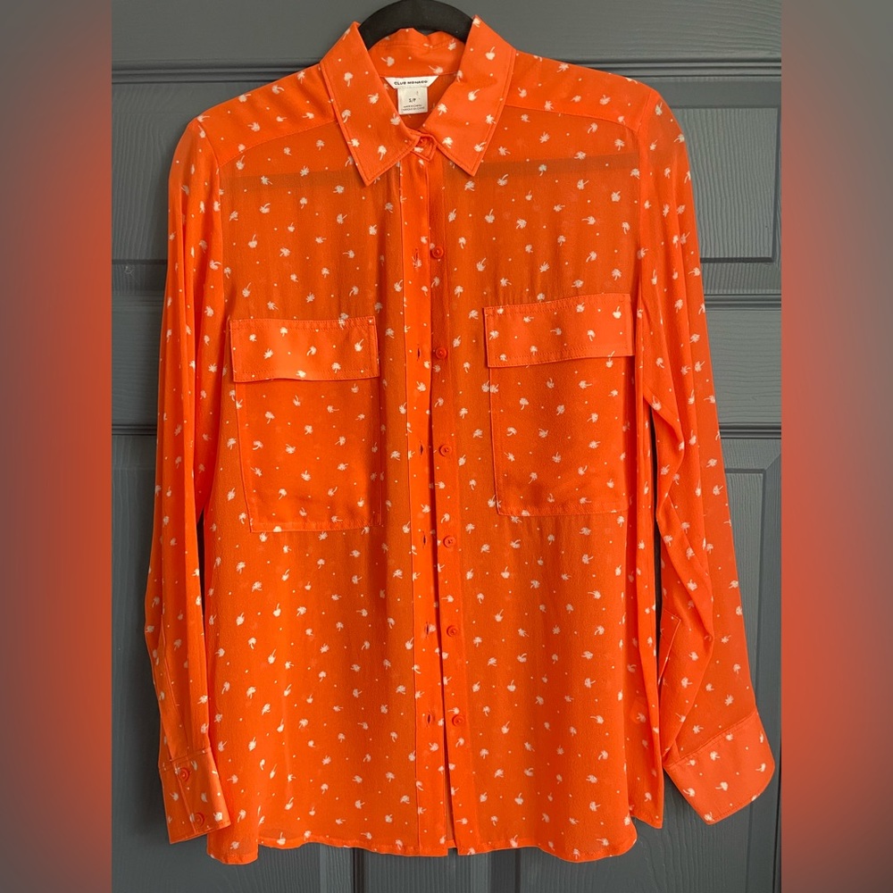 Club Monaco Sheer Orange Silk Blouse with Palm Trees